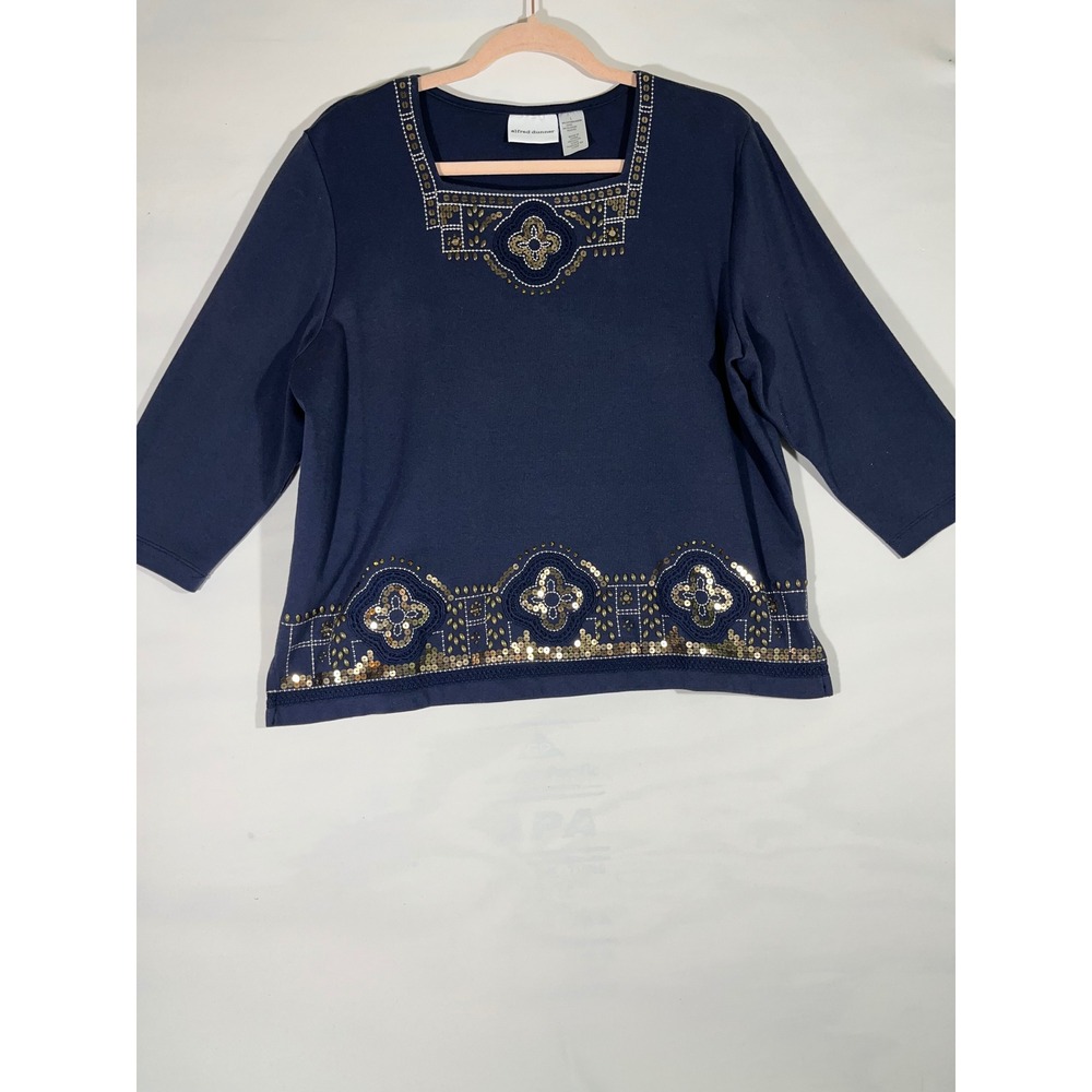 Alfred Dunner Women's 3/4 Sleeve Embellished Square‎ Neck Top Navy Blue Sz L